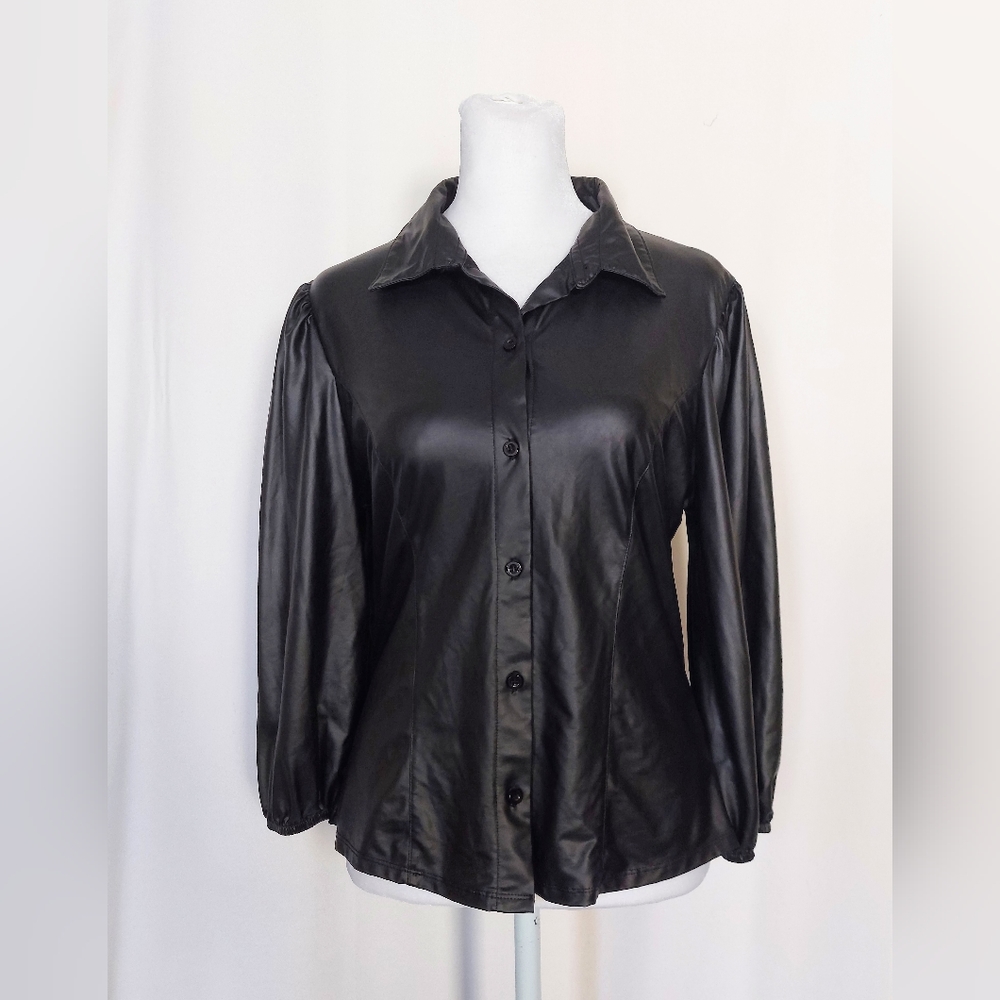 Almost Famous Faux Leather Collared Ballon Sleeve Button Down Shirt Medium Black